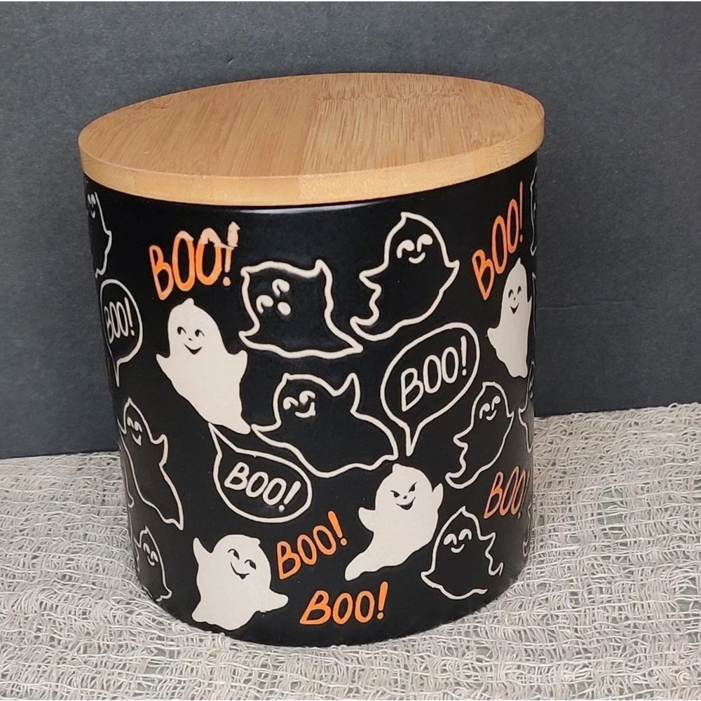 Inhomestylz Matte Black Ceramic Halloween Ghost Cellar Jar BOO